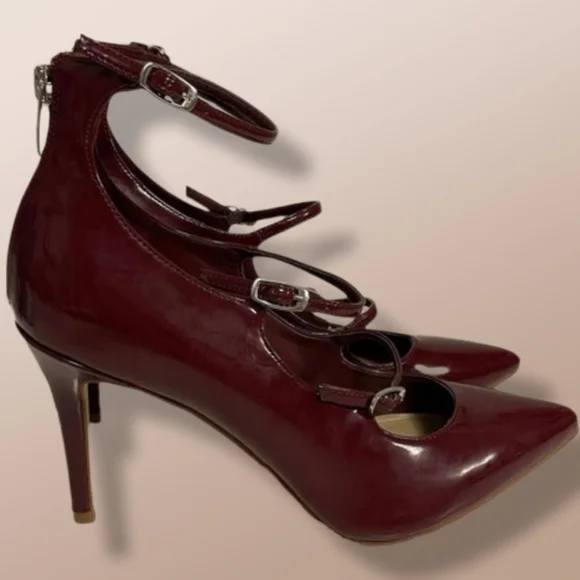 MARC FISHER Burgundy Patent Leather Strappy Pointed Toe Heels Ankle Strap Size 8 - Picture 5 of 13